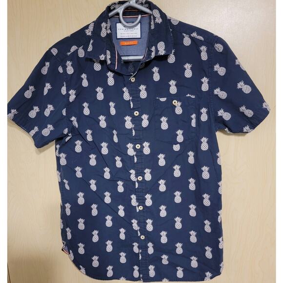 Denim & Flowers Men's Button Down Short Sleeve Shirt Black Pineapple Slim Fit S - Picture 2 of 8